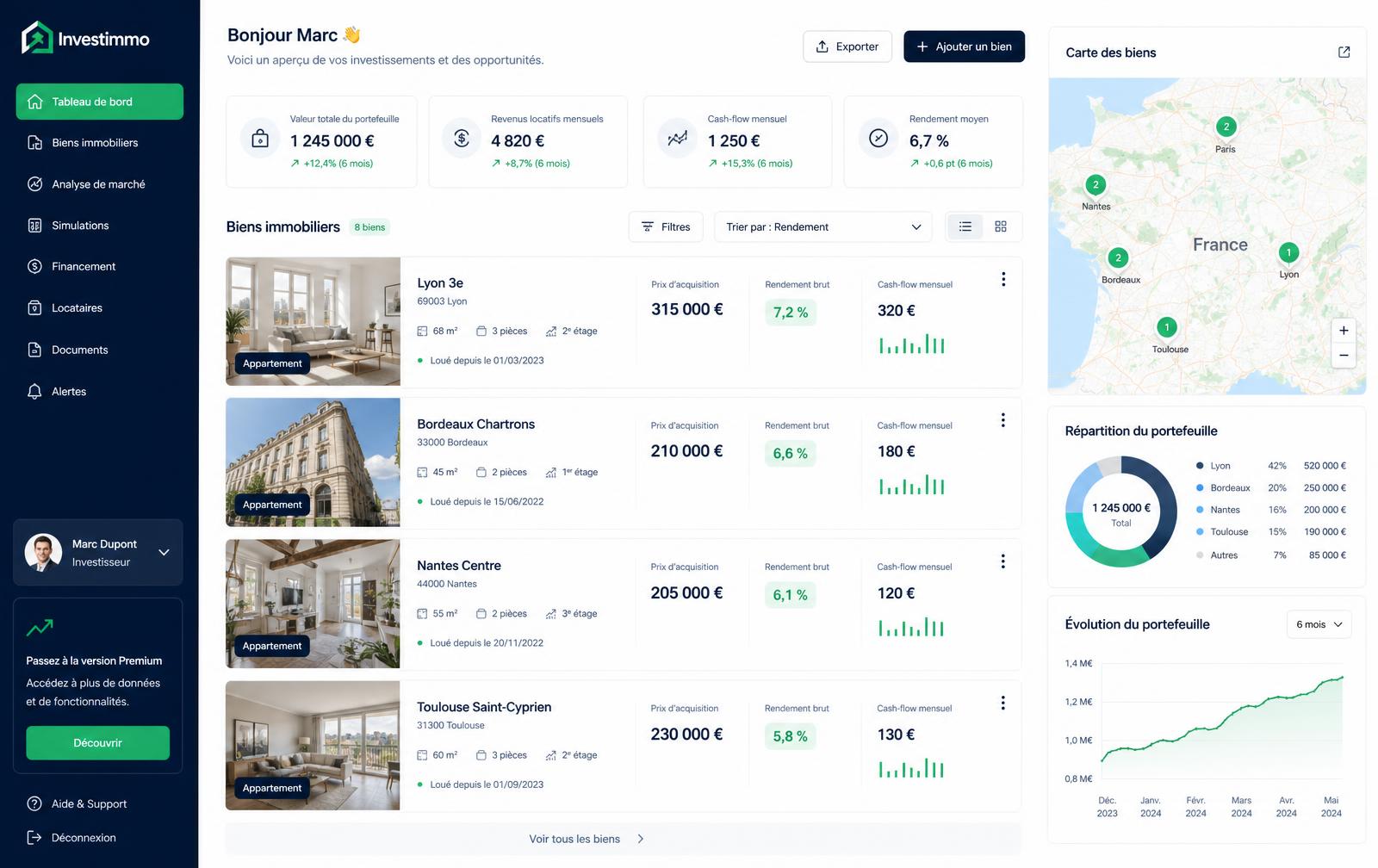 Tableau de bord NotoImmo affichant les annonces immobilières avec rendement et cash-flow
