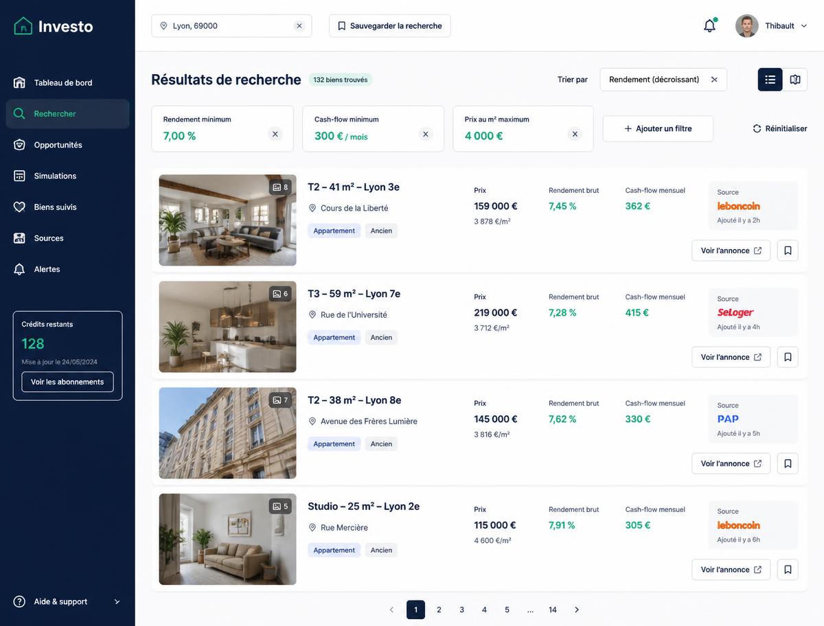 Recherche unifiée d'annonces immobilières avec filtres investisseur